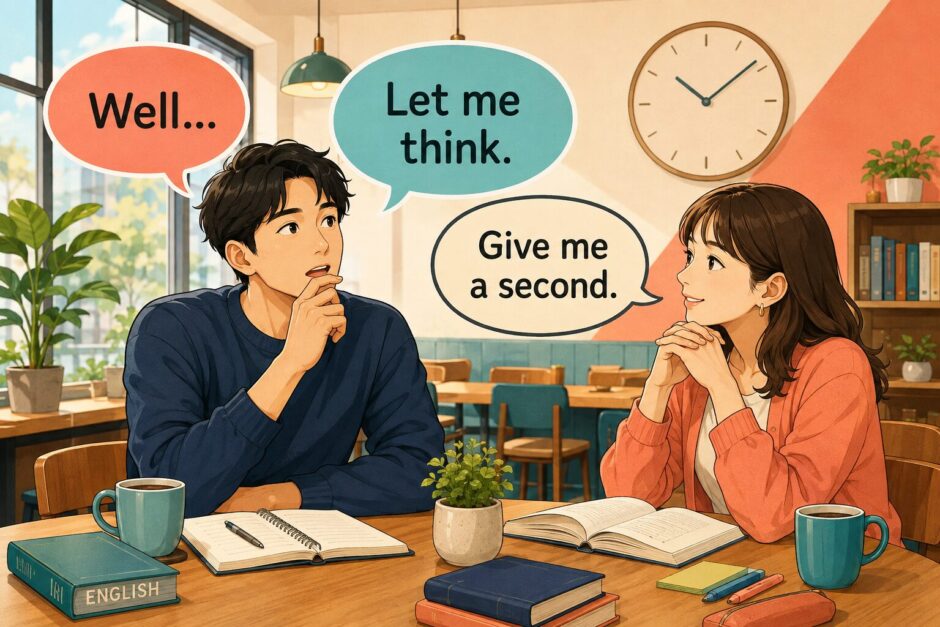 Well Let me think Give me a secondで英会話の考える時間を作るイラスト