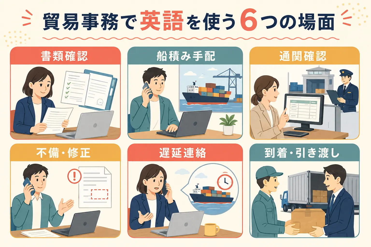 書類確認、船積み手配、通関確認、不備修正、遅延連絡、到着引き渡しの6場面