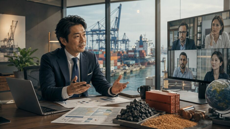 海外取引先と英語で会議をする商社の担当者