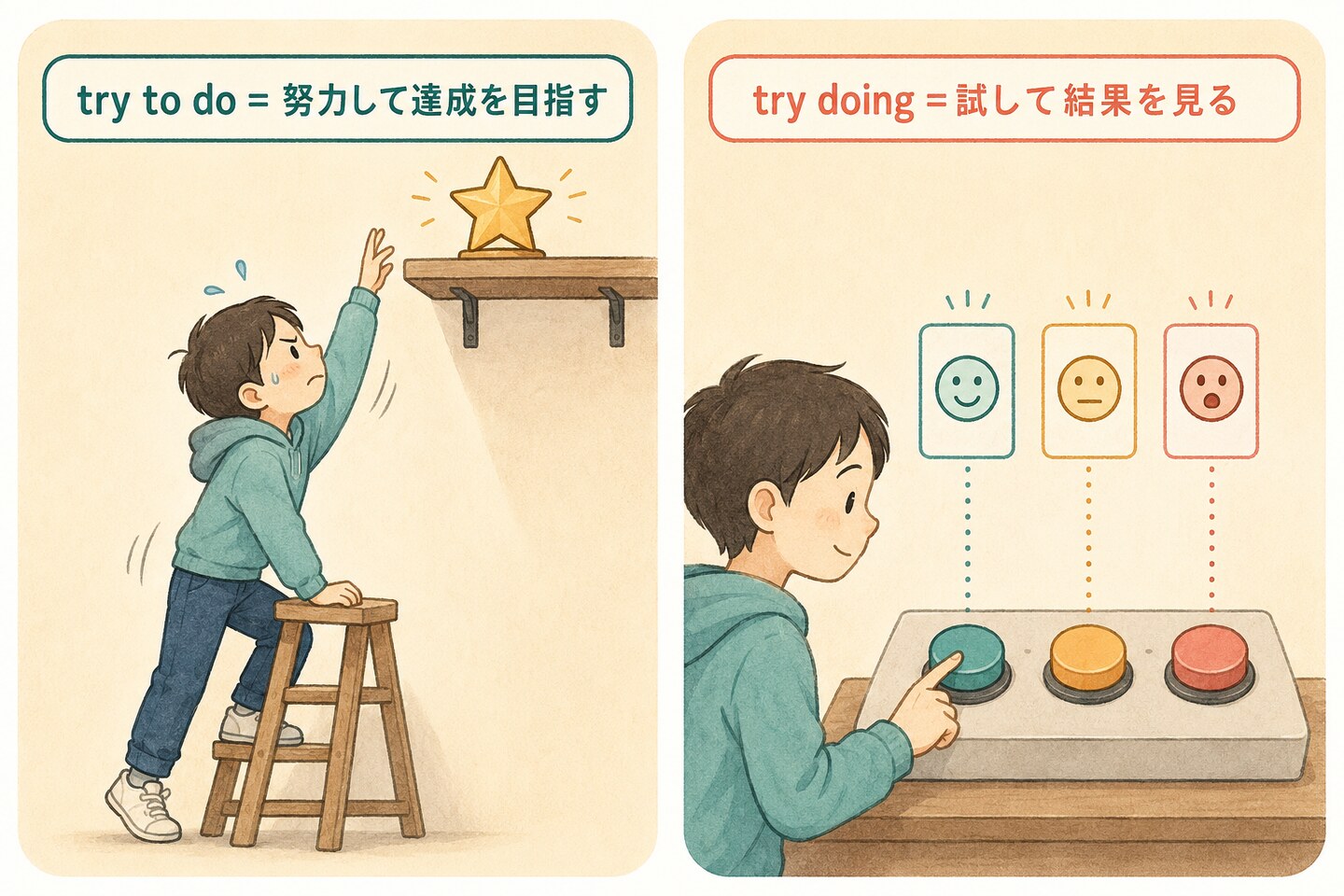 try to doとtry doingのコアイメージ。目標達成へ努力する形と、実際に試して結果を見る形
