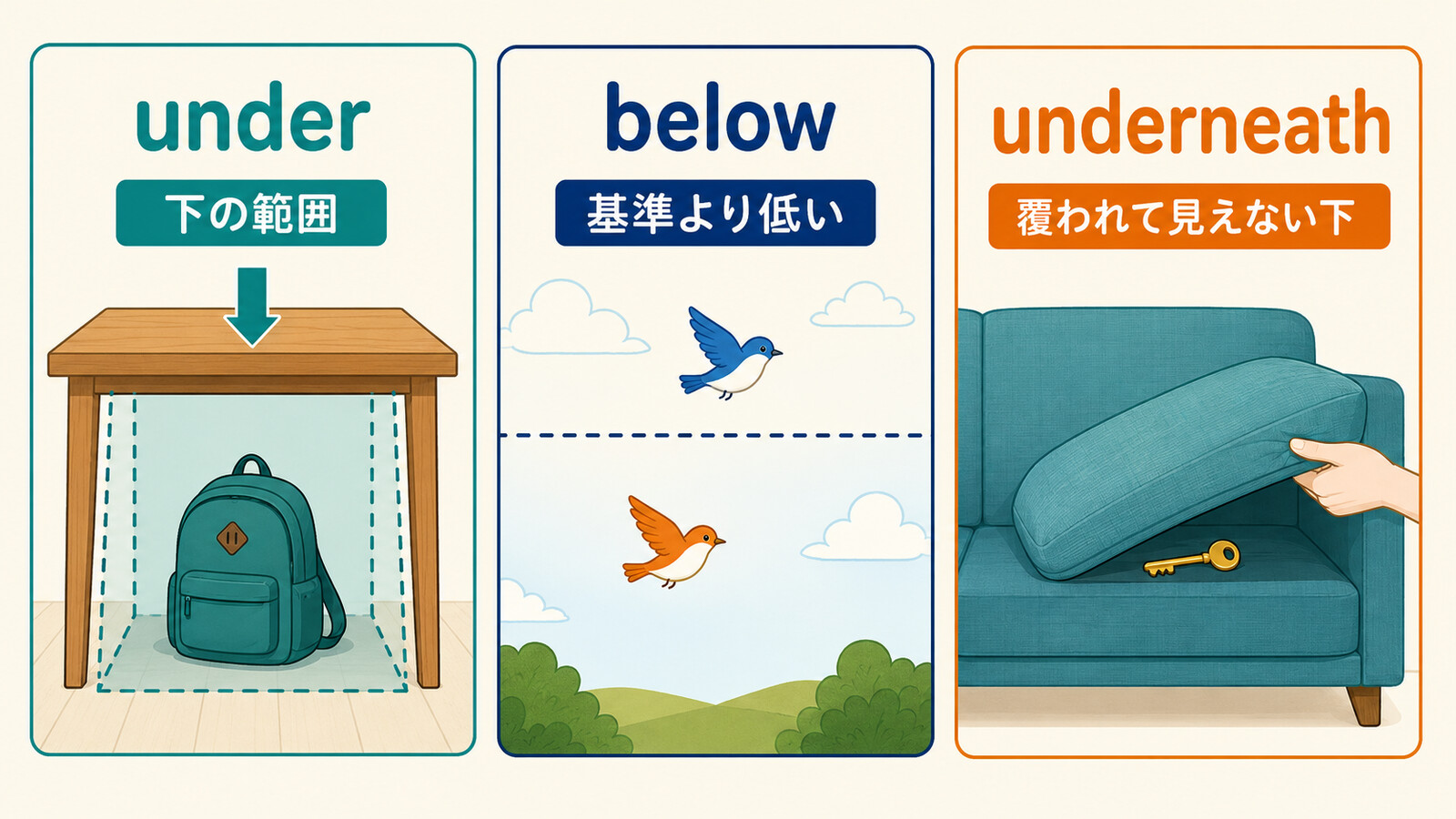 underは下の範囲、belowは基準より低い、underneathは覆われて見えない下を表す比較図