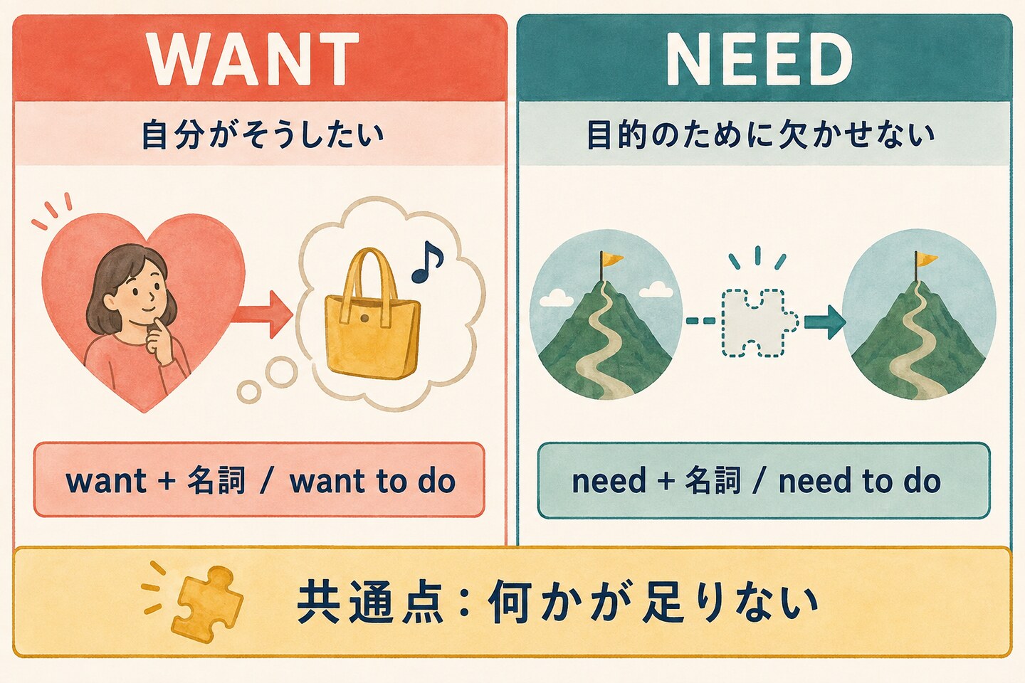 wantとneedのコアイメージと使い方の違いを示す図解