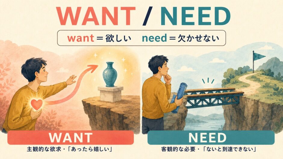 wantは主観的な欲求、needは目的に欠かせない必要条件を表す図