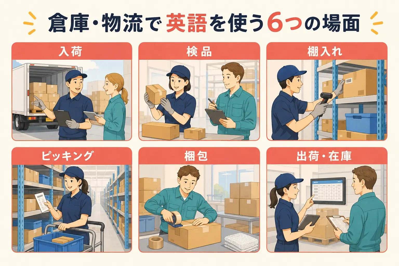 入荷、検品、棚入れ、ピッキング、梱包、出荷と在庫の6場面