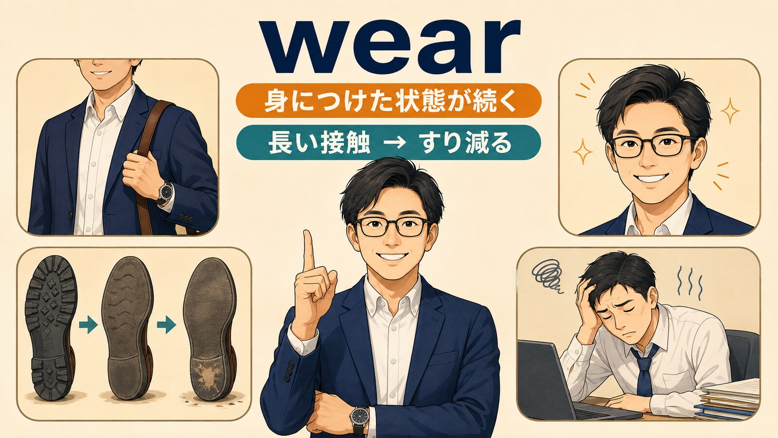 wearの着用・表情・摩耗・疲労への意味の広がりを示す図解