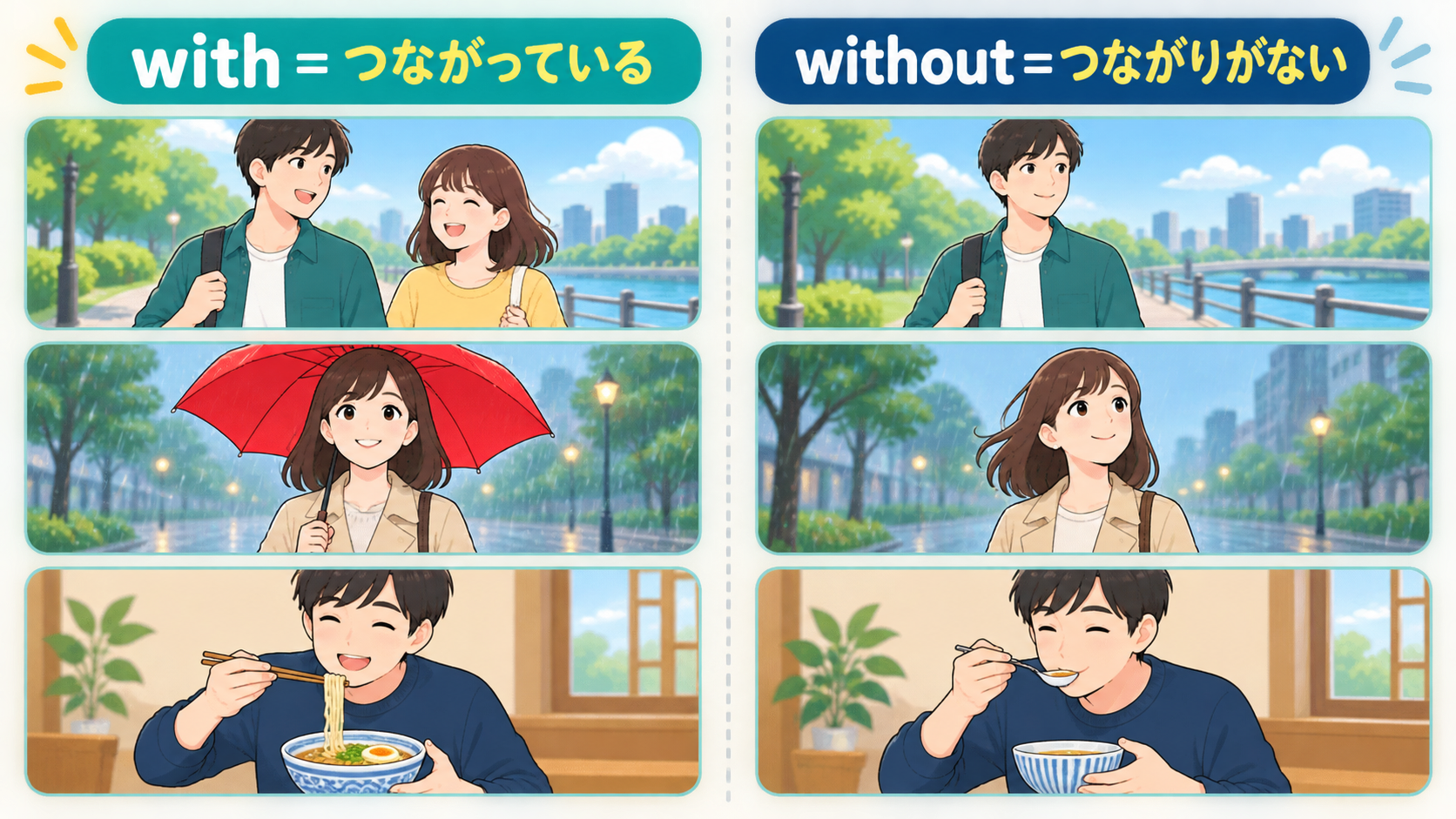 withはつながっている、withoutはつながりがないことを人・属性・手段で比較した図解