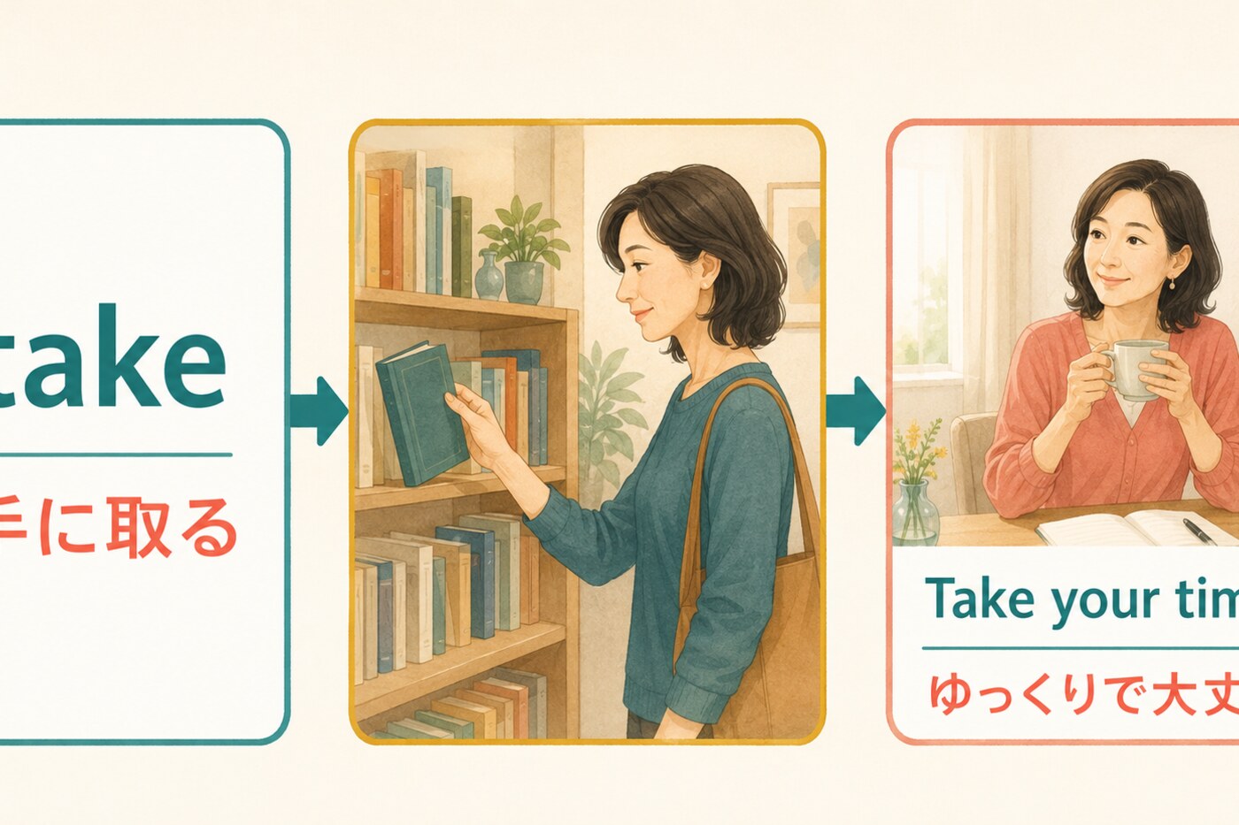 takeを手に取るイメージとTake your timeの例文につなげて覚える図