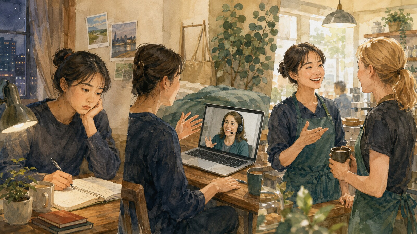現地で言えなかった英語を記録しオンラインで練習して翌日の職場で使う日本人女性