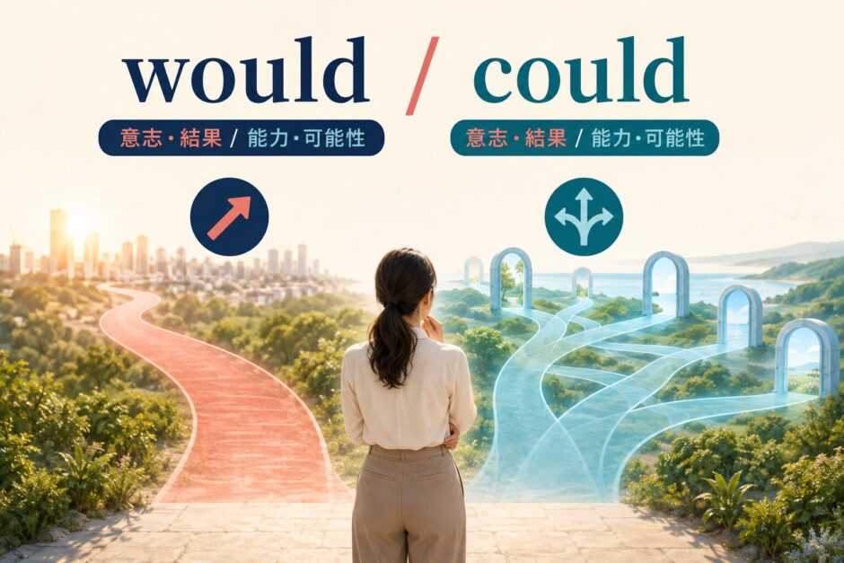 wouldとcouldの違いを意志・結果と能力・可能性で整理したイラスト