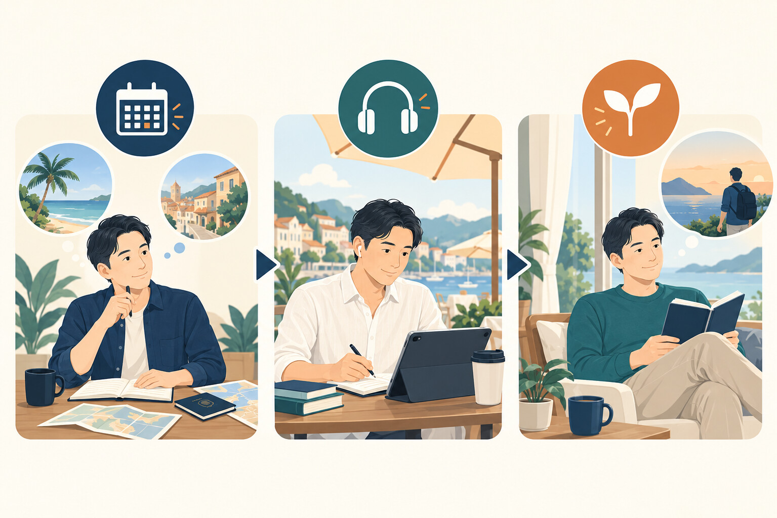 英語コーチング 長期休暇 旅行 学習を整理した記事内イラスト