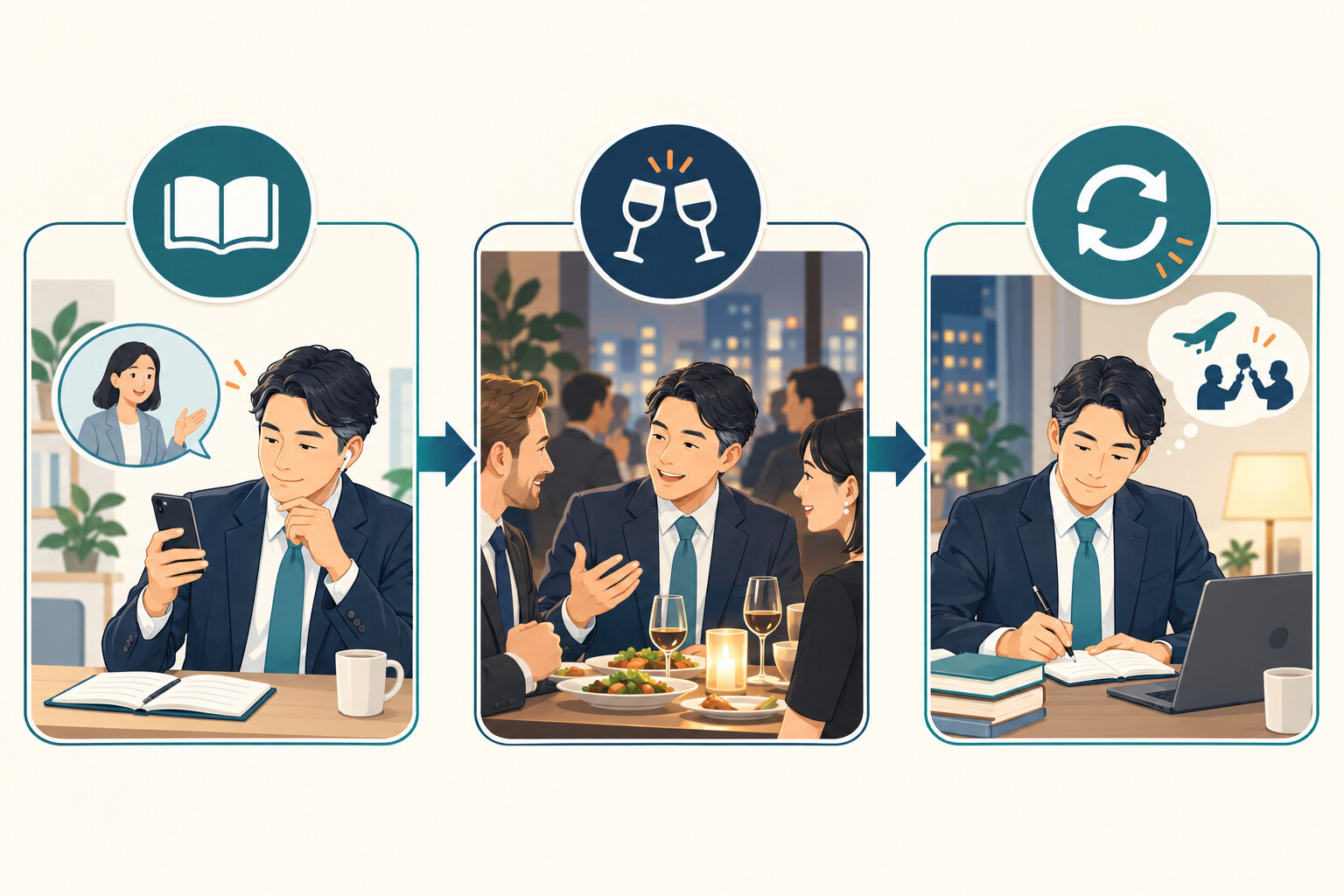 英語コーチング 飲み会 会食 学習を整理したイラスト