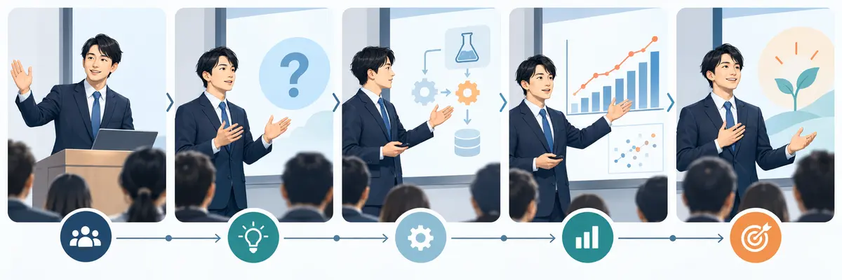 挨拶・研究課題・方法・結果・結論の5段階で英語の学会発表を組み立てる流れ