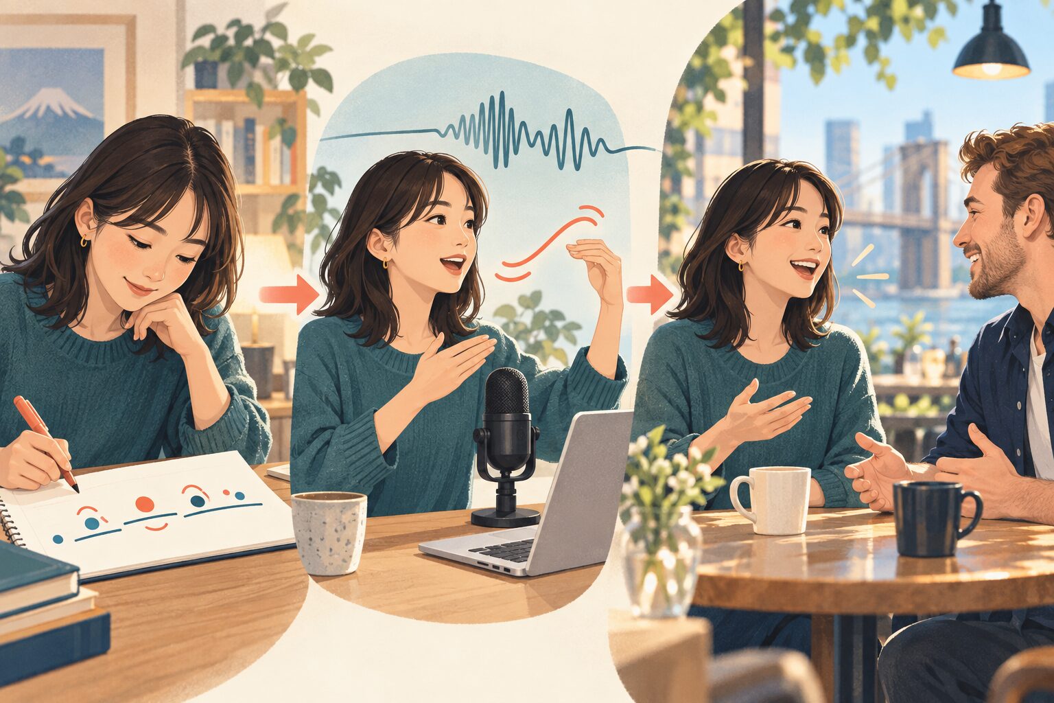 強弱と音の連結を練習し録音して実際の英会話へつなげる学習の流れ