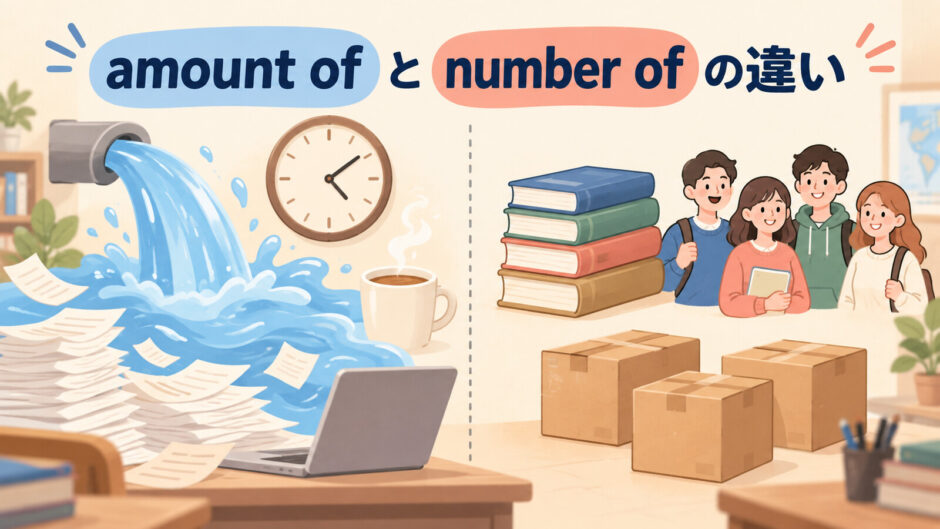 amount ofとnumber ofの違いを量と数で示すアイキャッチ
