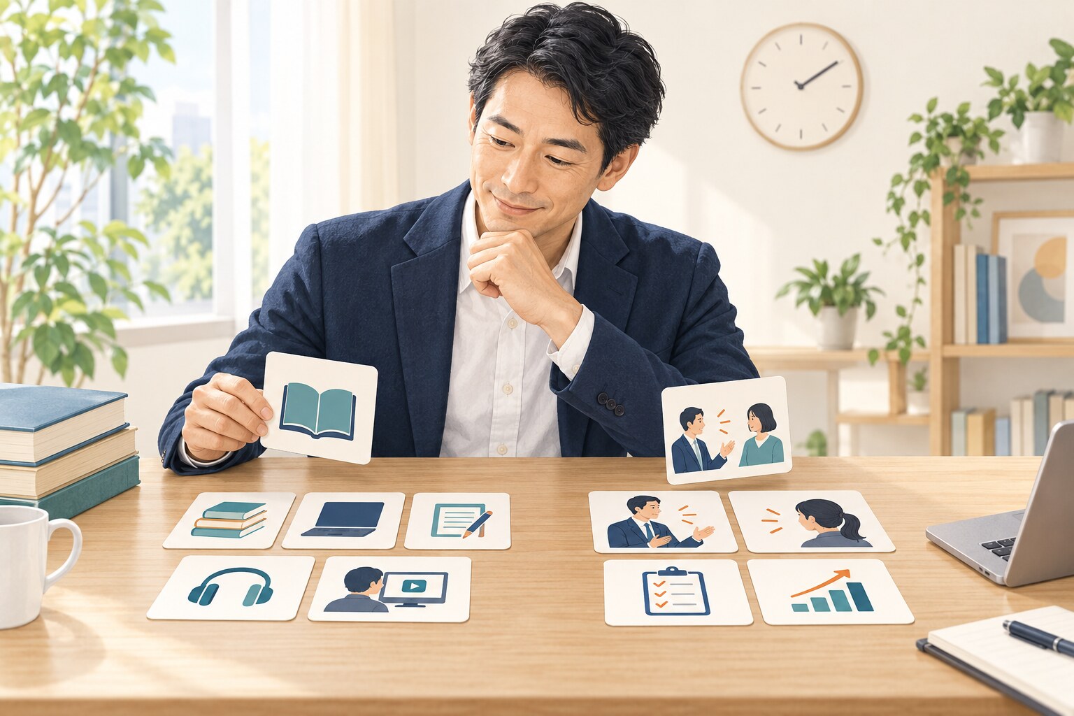 英語コーチング 自習 面談 割合の考え方を整理するイラスト