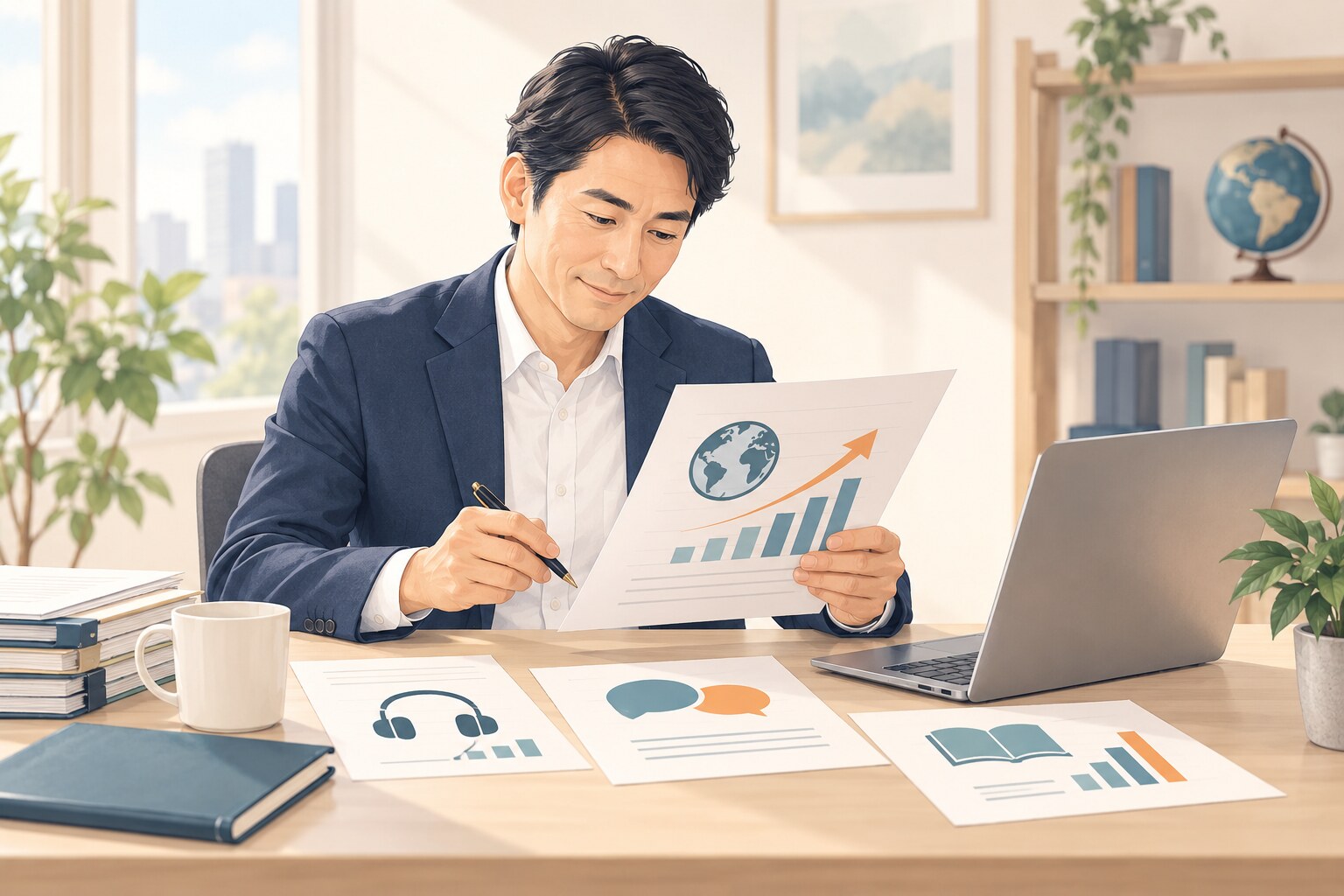 英語コーチング 会社 成果報告の考え方を整理するイラスト