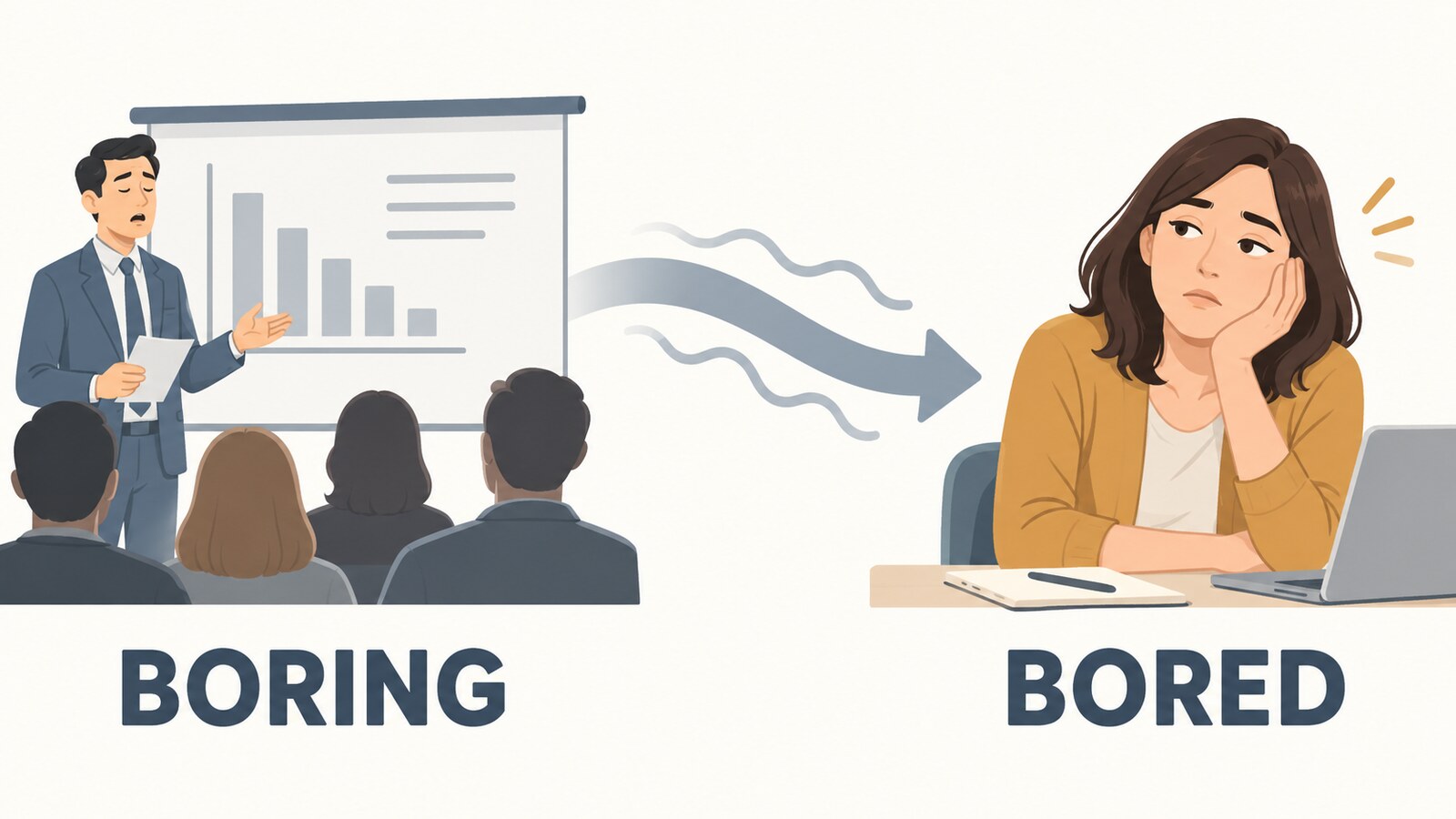 boringからboredへ退屈が伝わる方向を示した図解