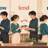 borrow・lend・rentの違いを貸し借りの場面で表したイラスト