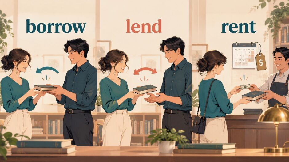 borrow・lend・rentの違いを貸し借りの場面で表したイラスト