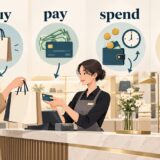 buy・pay・spend・costの違いを買い物場面で示したイラスト