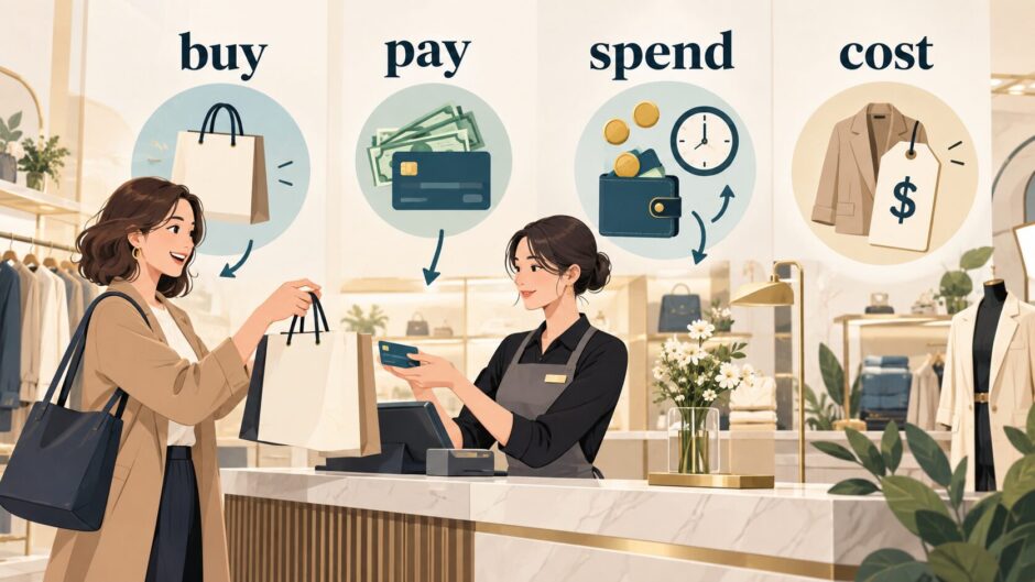 buy・pay・spend・costの違いを買い物場面で示したイラスト