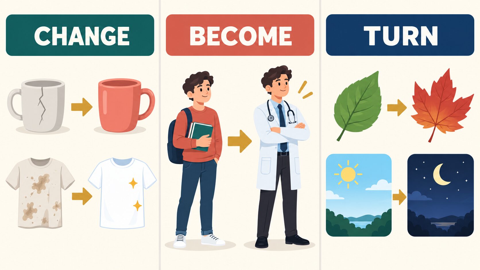 change・become・turnのコアイメージを示す図解