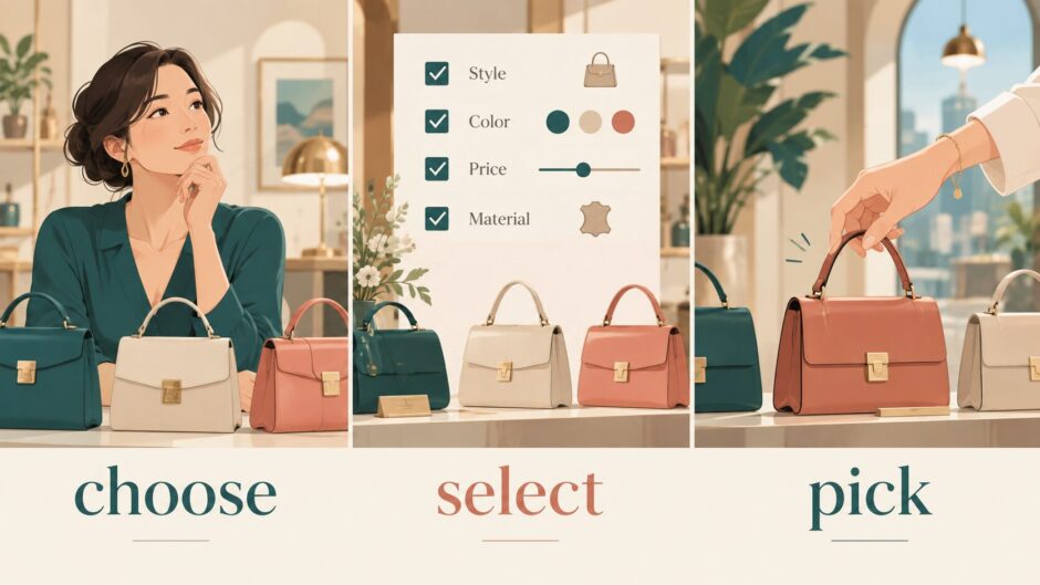 choose・select・pickの選び方の違いをバッグ選びで表したイラスト