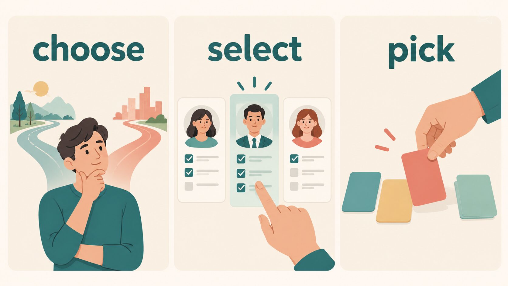 chooseは考えて決める、selectは条件で選別する、pickは候補から手軽に取ることを示す図解