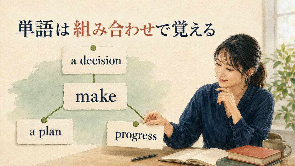 makeとa decision、a plan、progressの組み合わせからコロケーション学習を表す図
