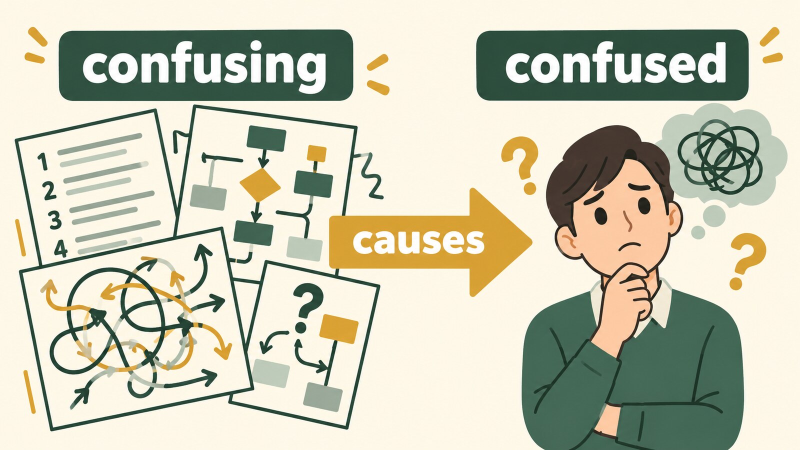 confusingからconfusedへ混乱が伝わる方向を示した図解