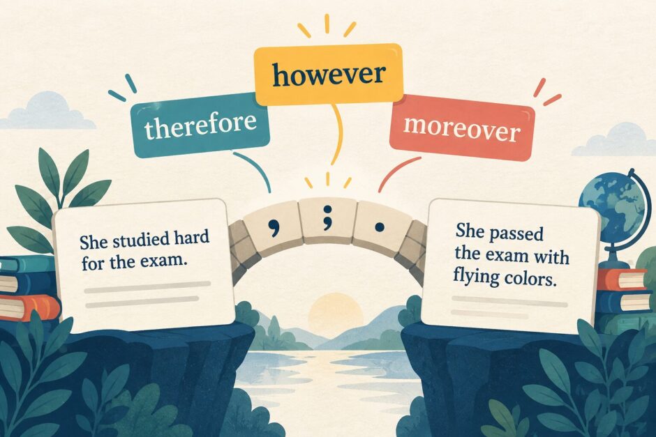 however・therefore・moreoverで英文同士の関係を示す接続副詞のイラスト