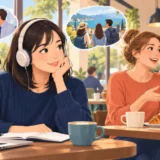 カフェで日常英会話を聞き取る女性のイラスト