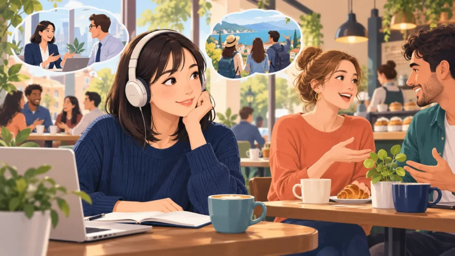 カフェで日常英会話を聞き取る女性のイラスト