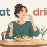 eatとdrinkの違いを表す、食事をしながら水を飲む女性のイラスト