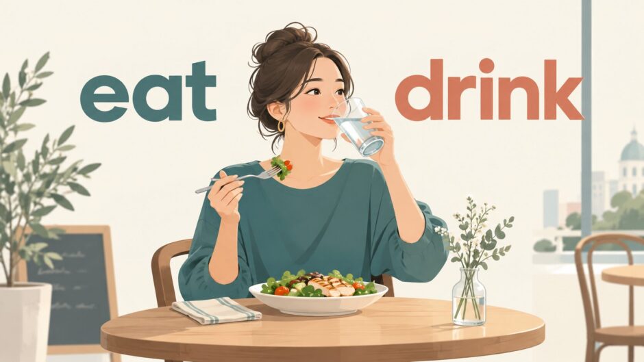 eatとdrinkの違いを表す、食事をしながら水を飲む女性のイラスト