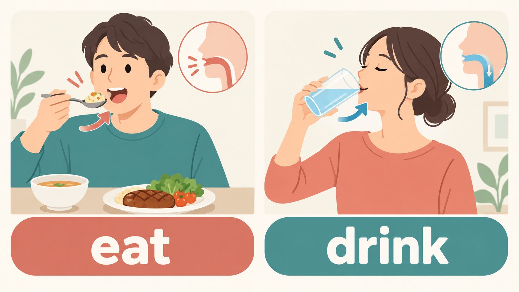 eatは食べ物を口に入れ、drinkは液体を飲む動作であることを示す図解