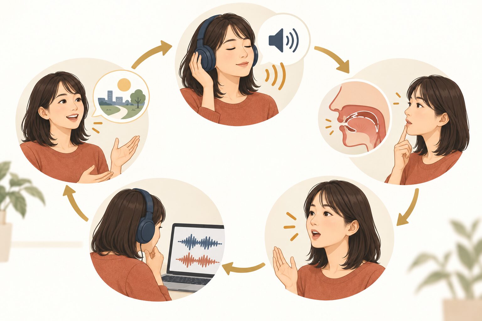 英語の音を聞き口の形を確認し発音と録音比較をして会話に使う練習サイクル