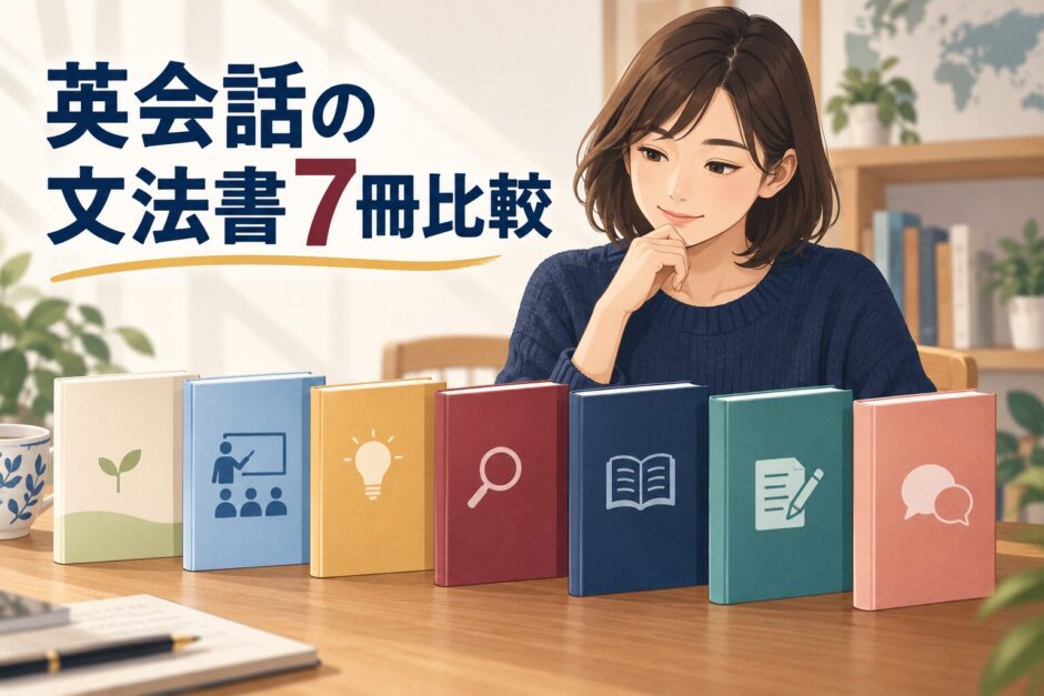 英会話向けの英文法書とトレーニング本7冊を比較するアイキャッチ