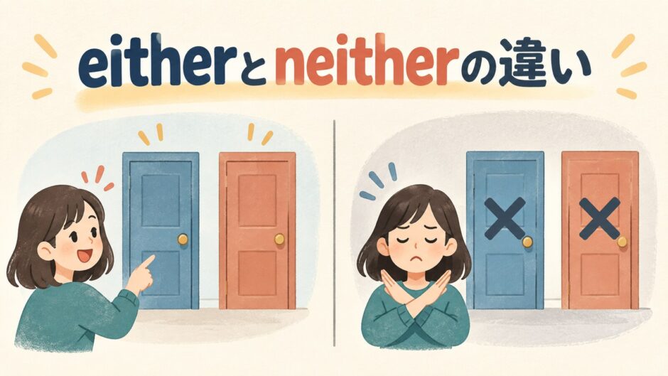 eitherとneitherの違いを二つの選択肢で示すアイキャッチ