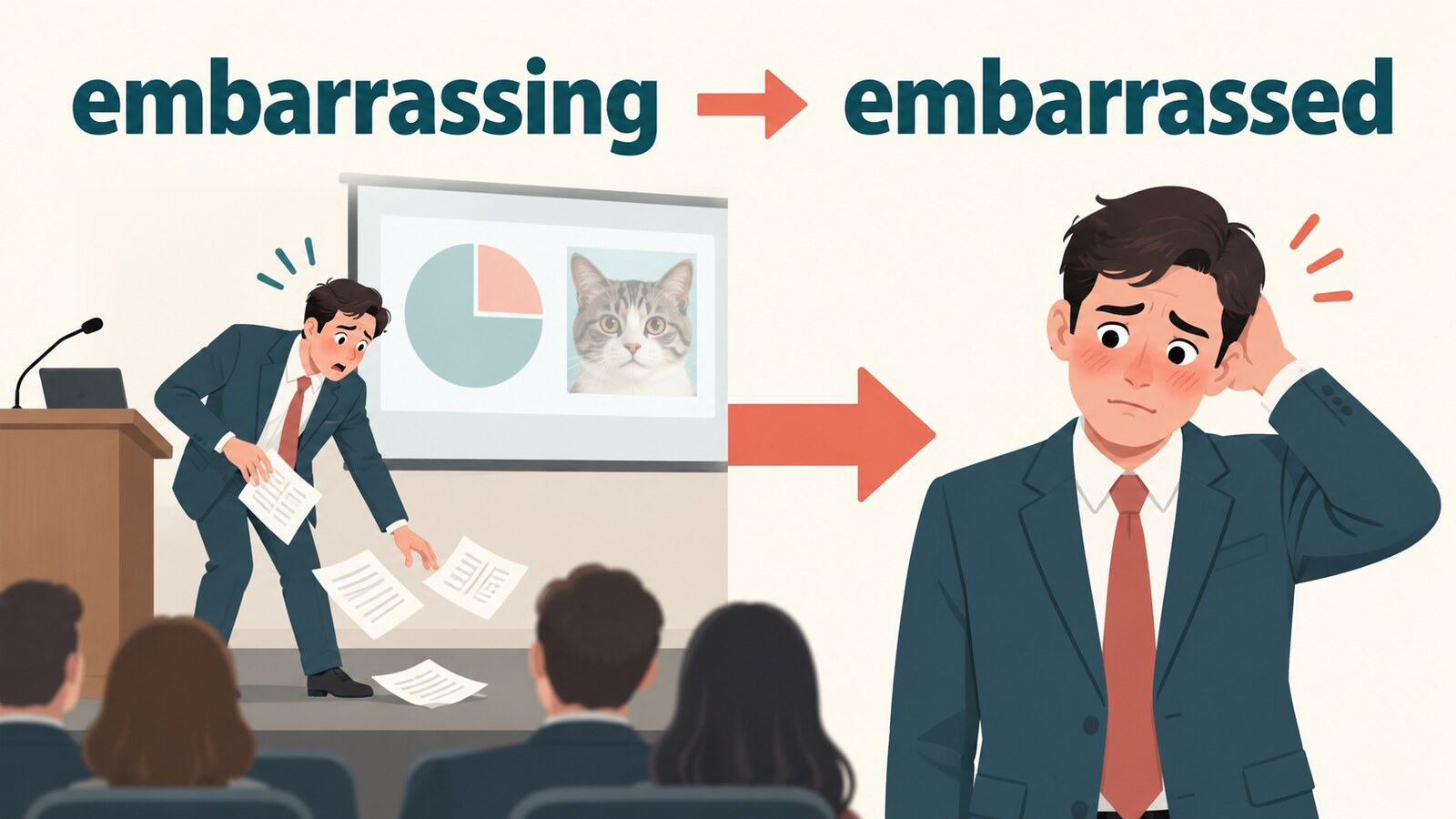 人前の気まずい出来事がembarrassingでその影響を受けた人がembarrassedになる図解