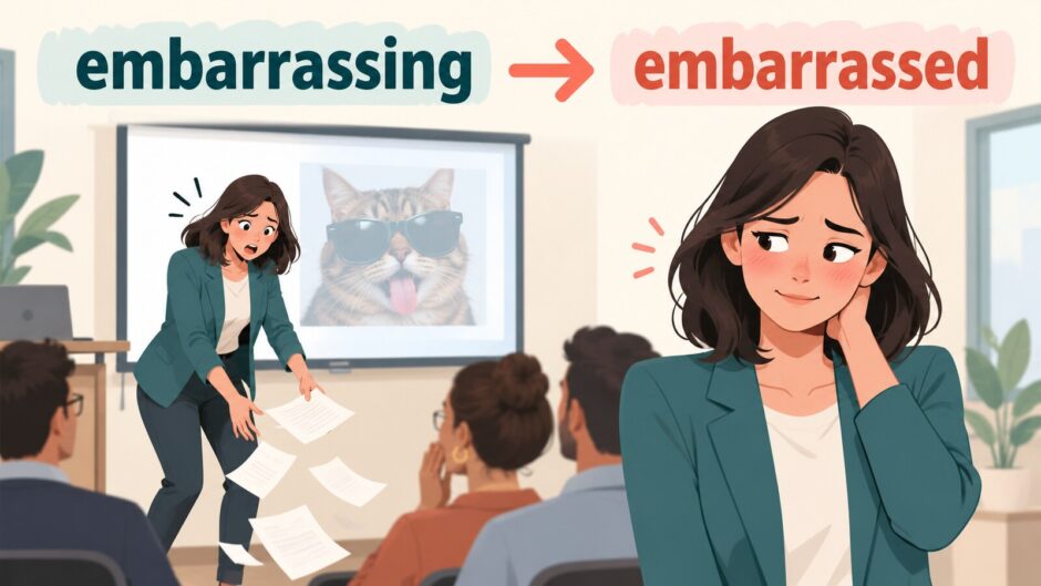 embarrassingな出来事からembarrassedな状態になる違い
