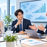 英語のビジネスミーティングに参加する日本人ビジネスパーソン