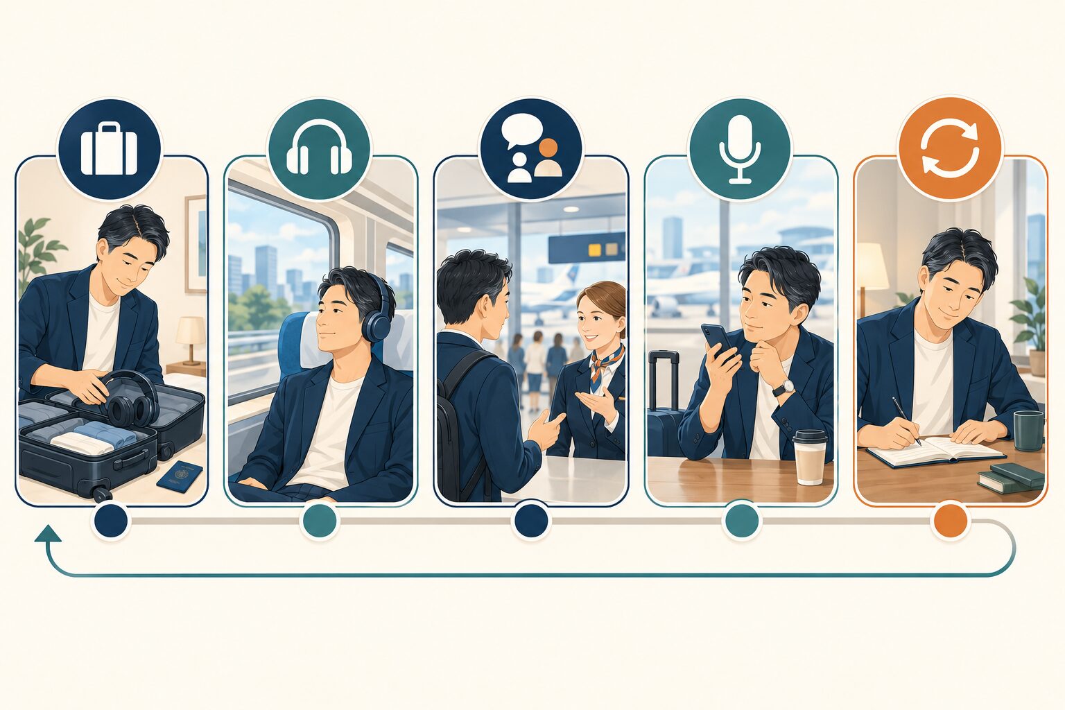 英語コーチング 出張 旅行 勉強の考え方を整理したイラスト