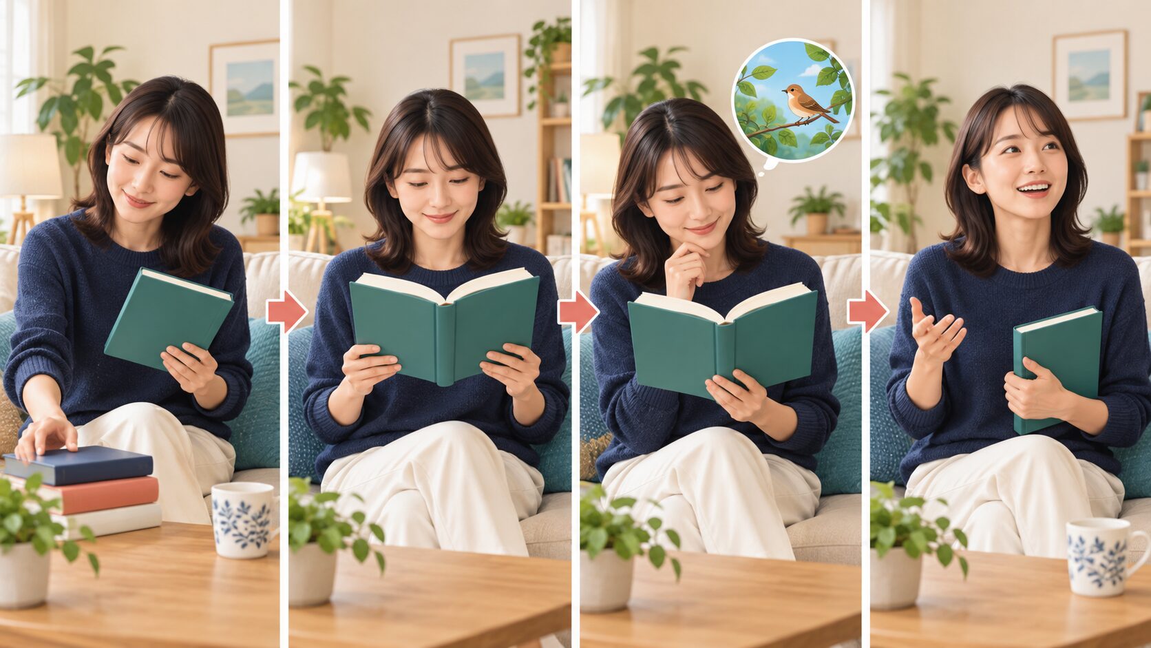 易しい本を選び、止まらずに読み、場面を理解して短く話す英語多読の流れ
