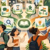 レベルや目的に合う英文法クイズを選ぶ学習者たちのイラスト