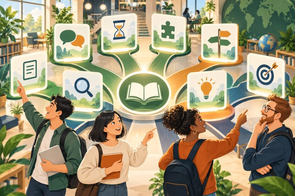 レベルや目的に合う英文法クイズを選ぶ学習者たちのイラスト