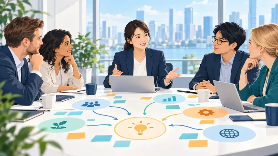 英語会議で意見を整理して合意を確認する日本人ファシリテーター