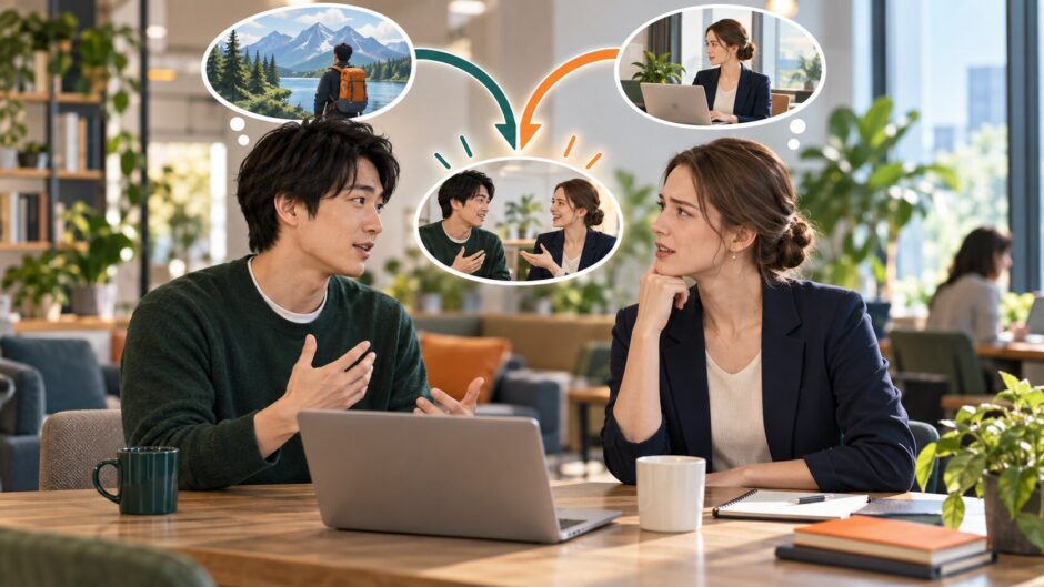 英語の会話で異なる理解を落ち着いて伝え直し共通理解を作るイメージ