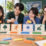 大人の英語学習者が名詞・動詞・形容詞・副詞を表す色分けカードを分類している様子