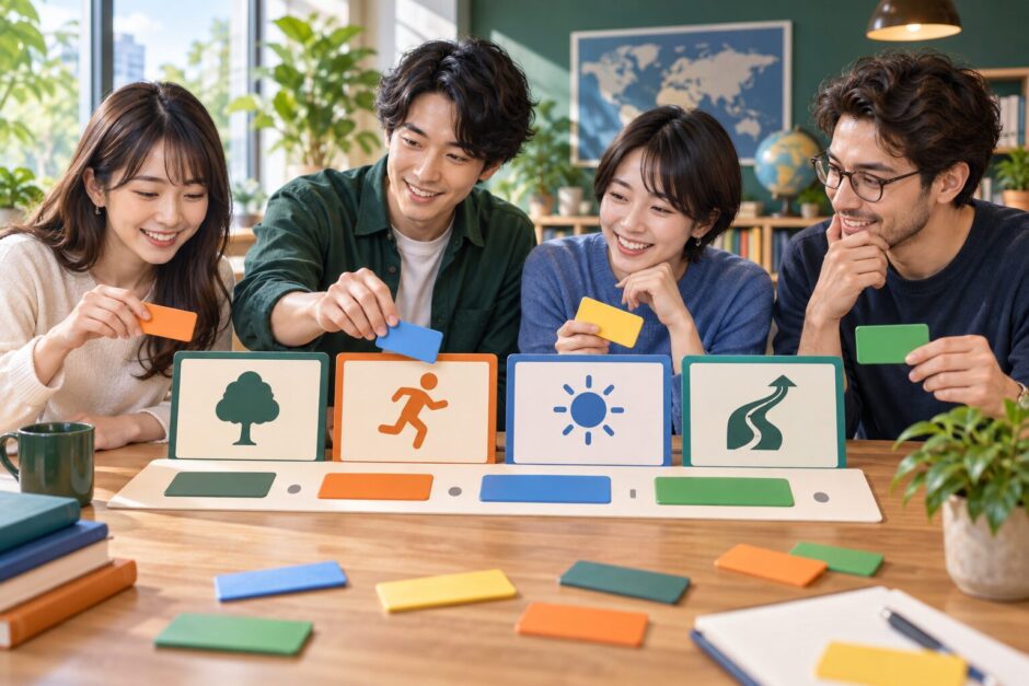 大人の英語学習者が名詞・動詞・形容詞・副詞を表す色分けカードを分類している様子